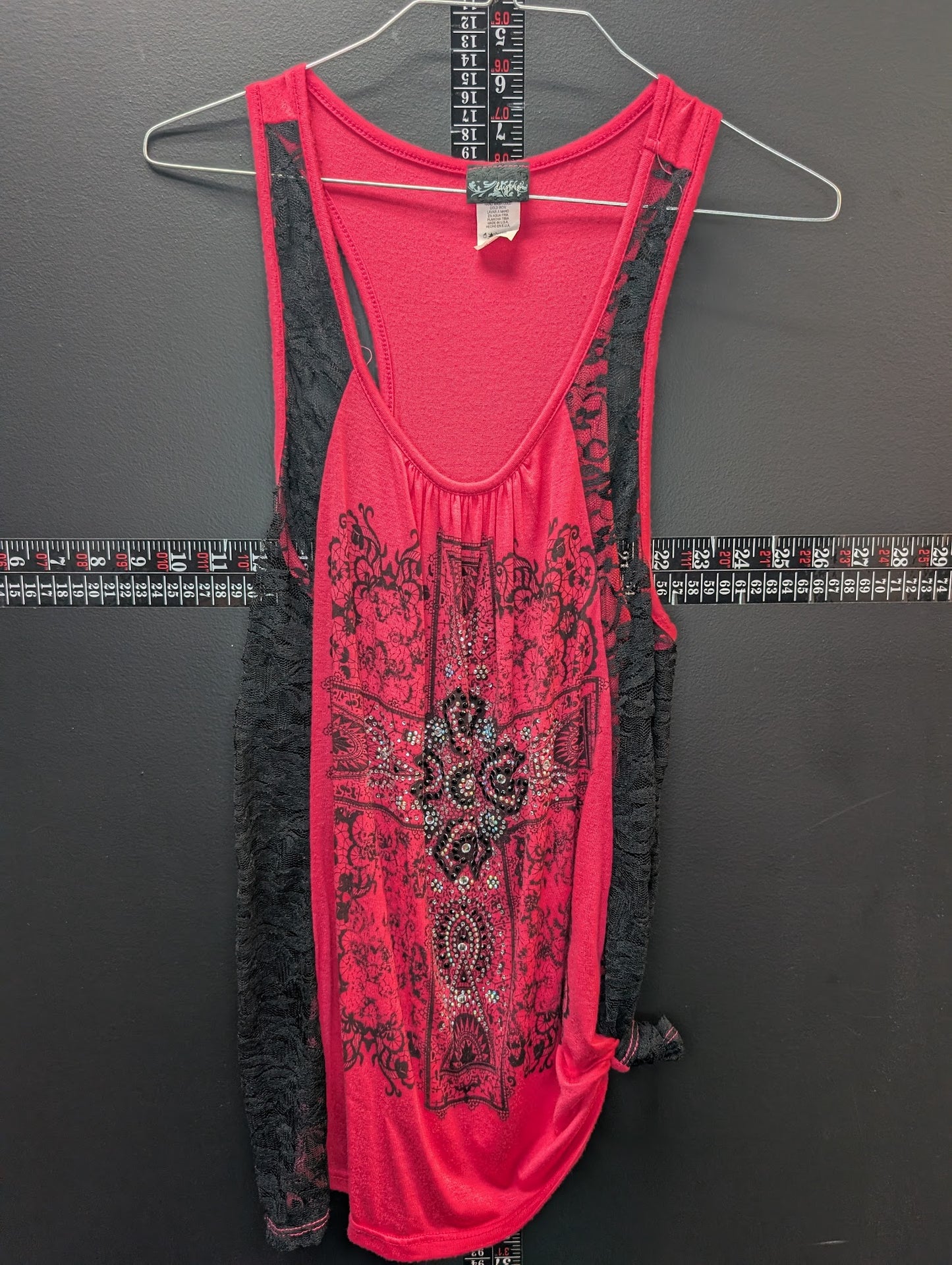 Women’s Red Lace Panel Rhinestone Cross Tank Top Y2K Style