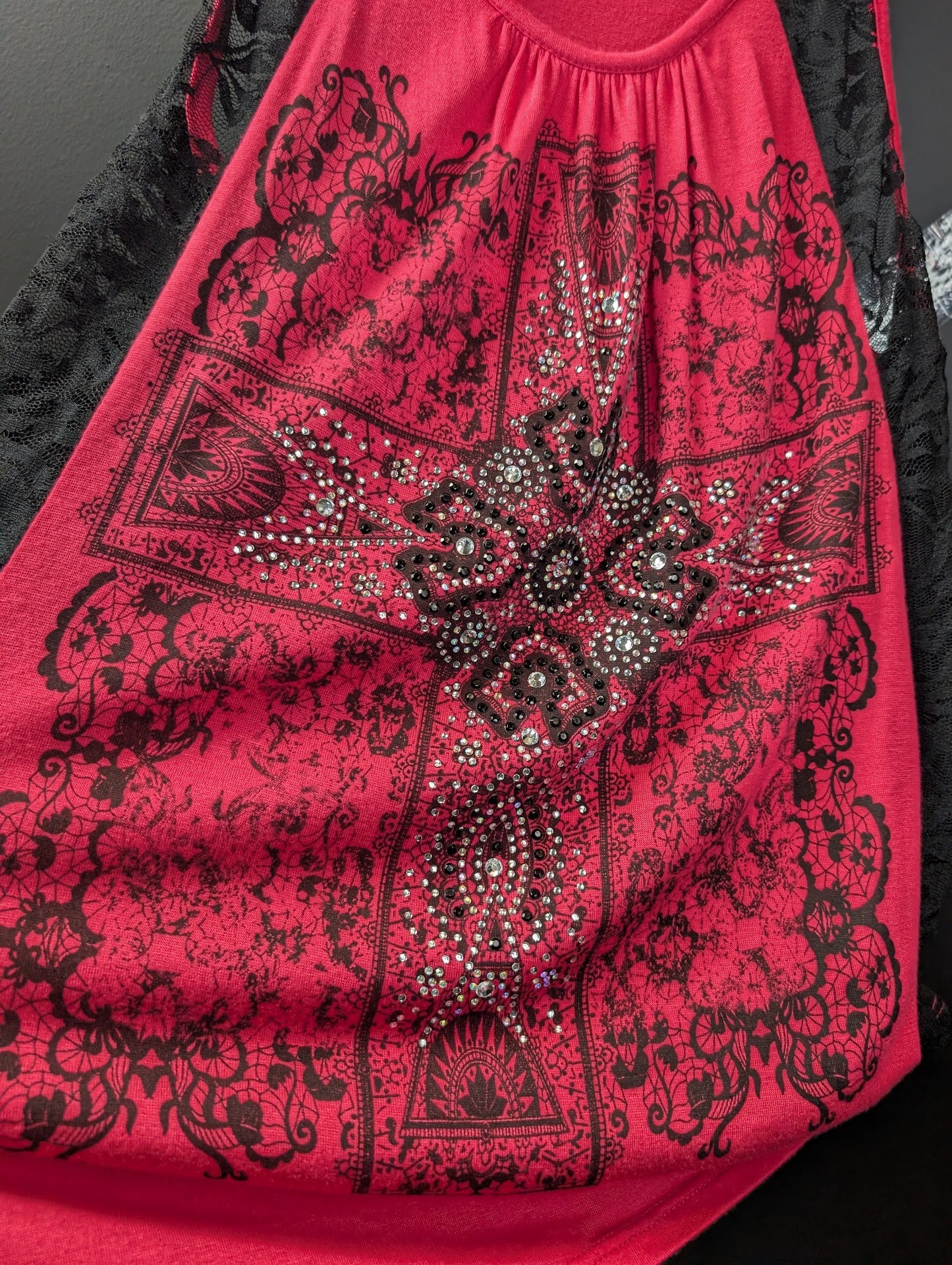Women’s Red Lace Panel Rhinestone Cross Tank Top Y2K Style