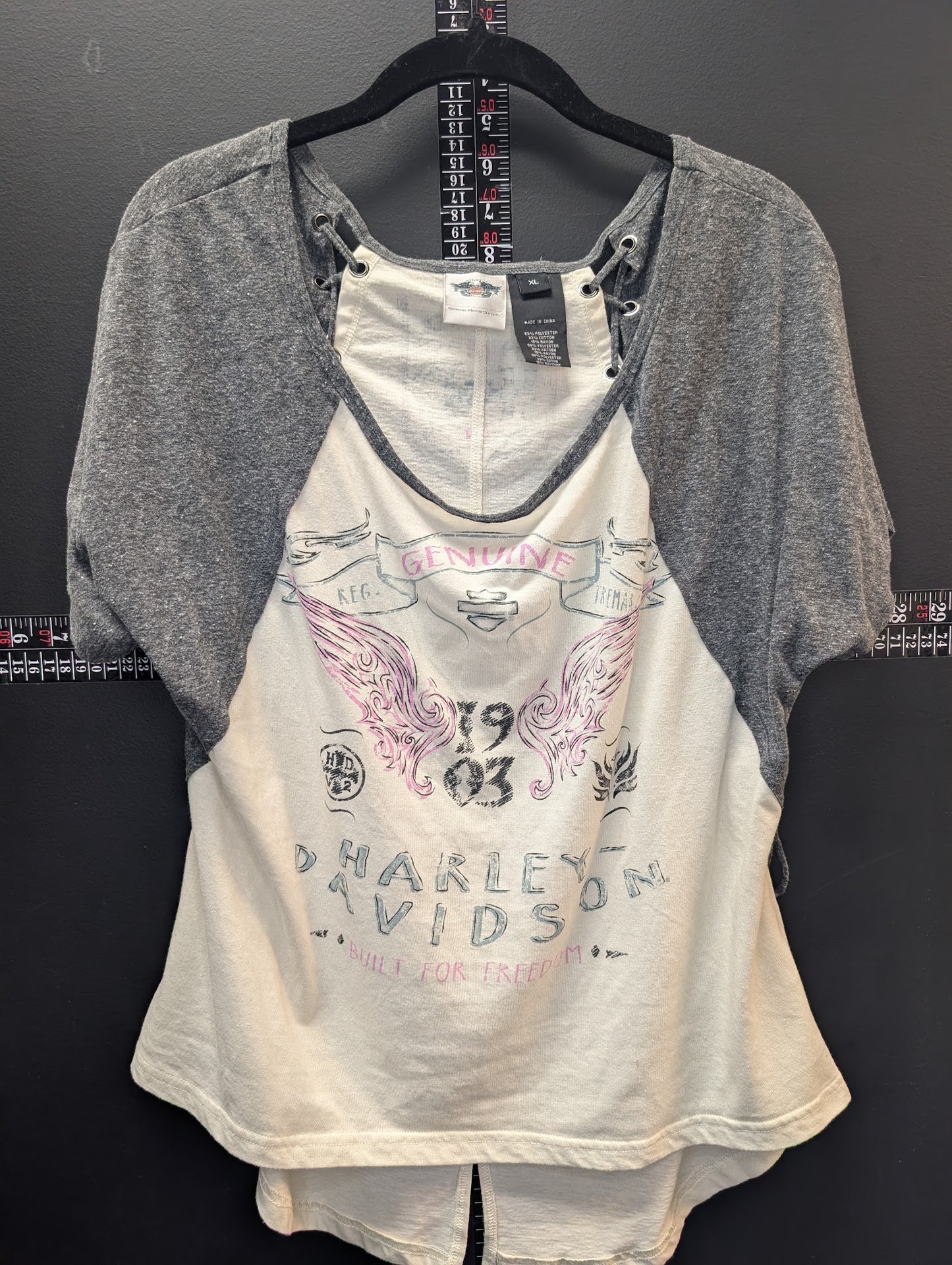 Harley-Davidson Women’s Lace-Up Raglan Top Wing Graphic 1903 XL