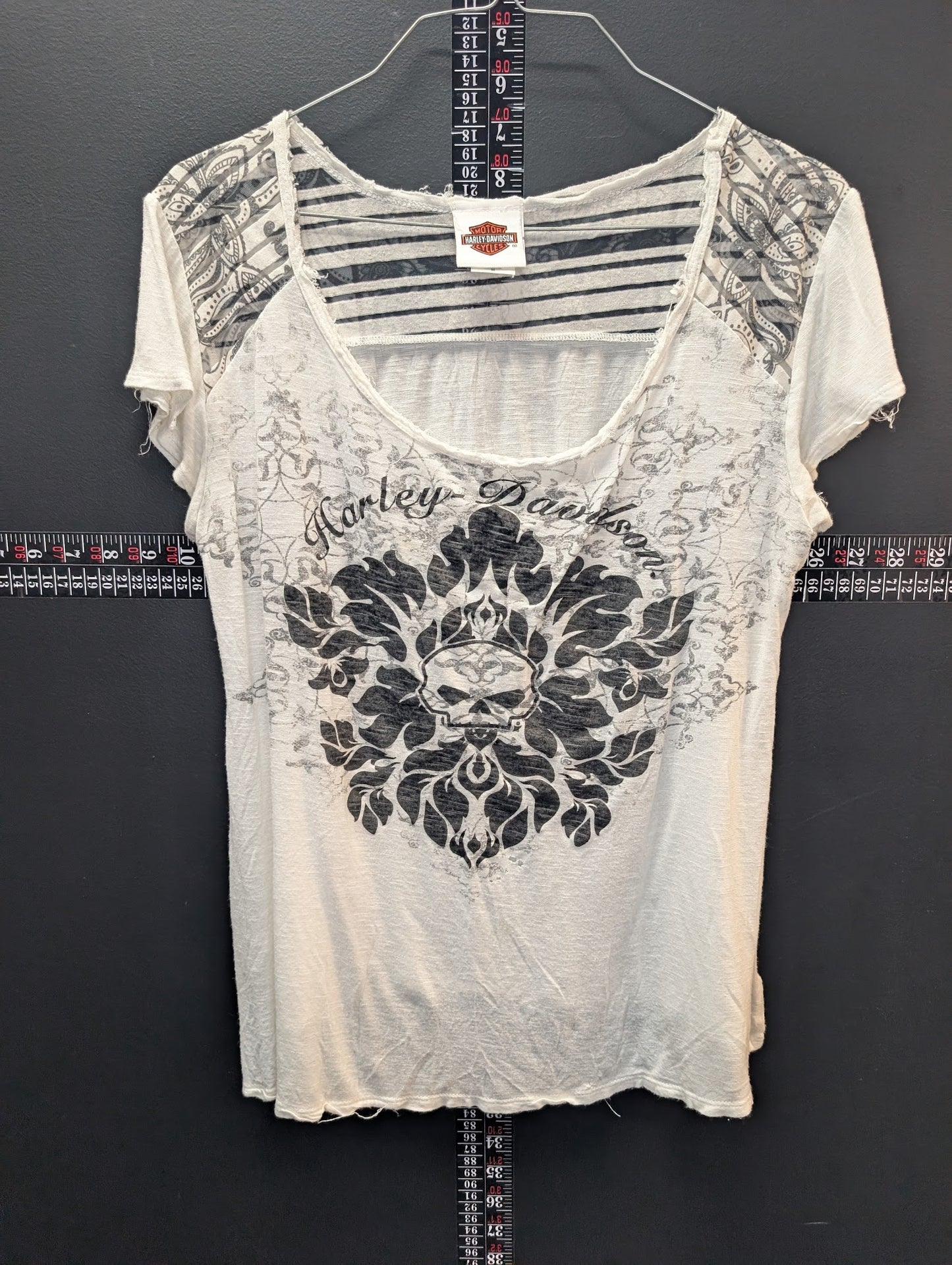 Harley-Davidson Women’s Distressed Skull Graphic Sheer Panel Tee – Medium