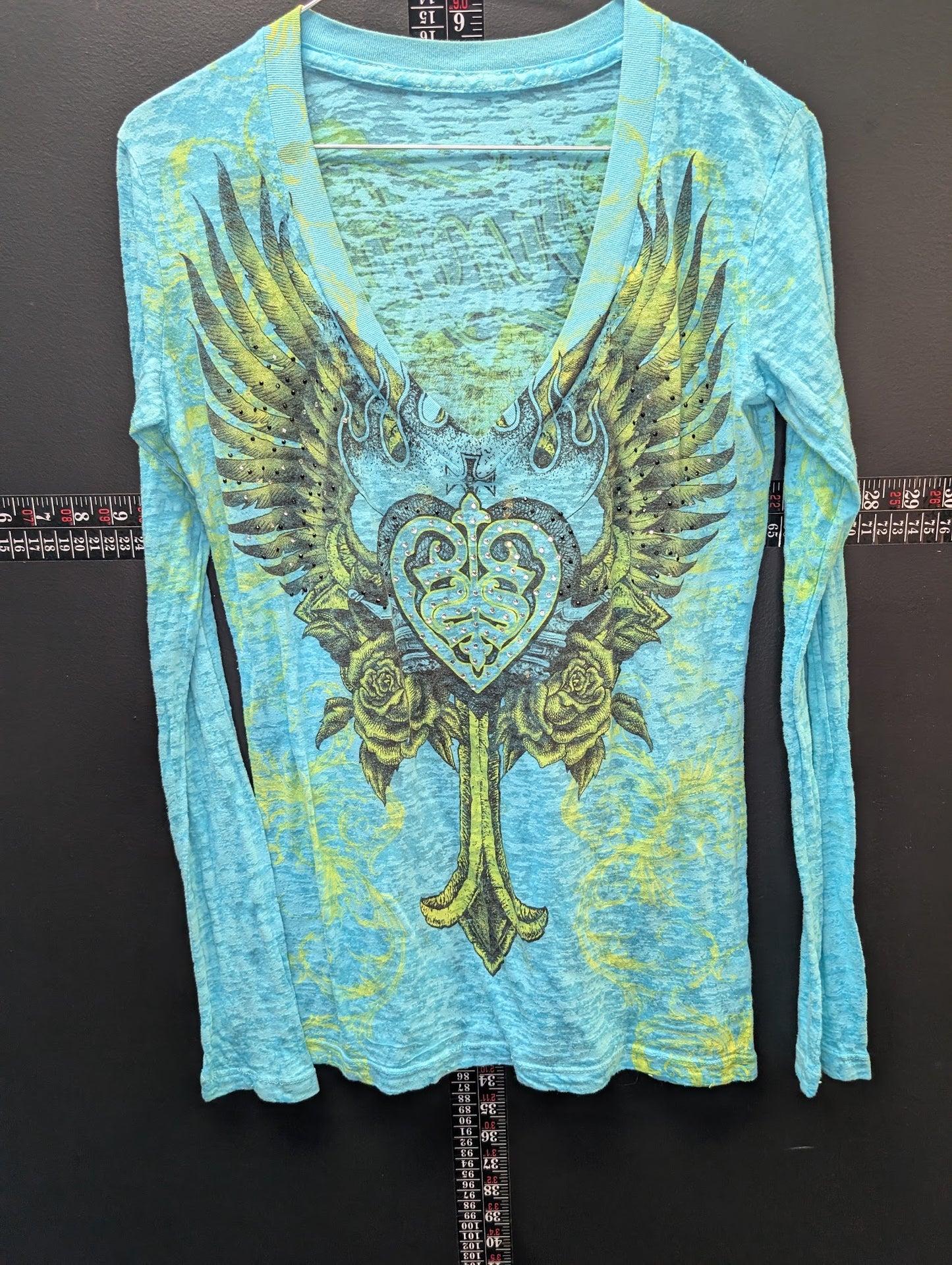 Sinful Long Sleeve Graphic Tee – Blue Winged Cross Rhinestone Top