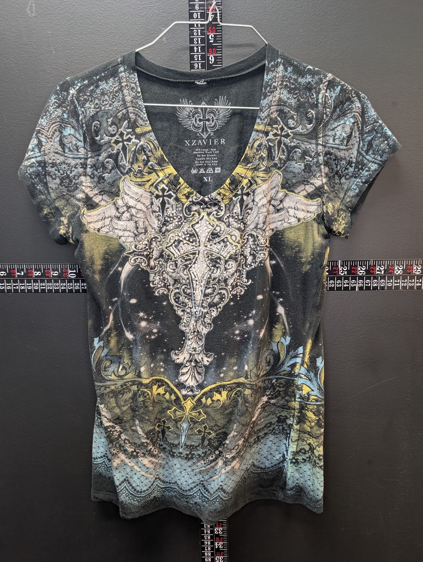 XZAVIER Rhinestone Cross Graphic Tee – Y2K Winged Gothic Shirt (XL)