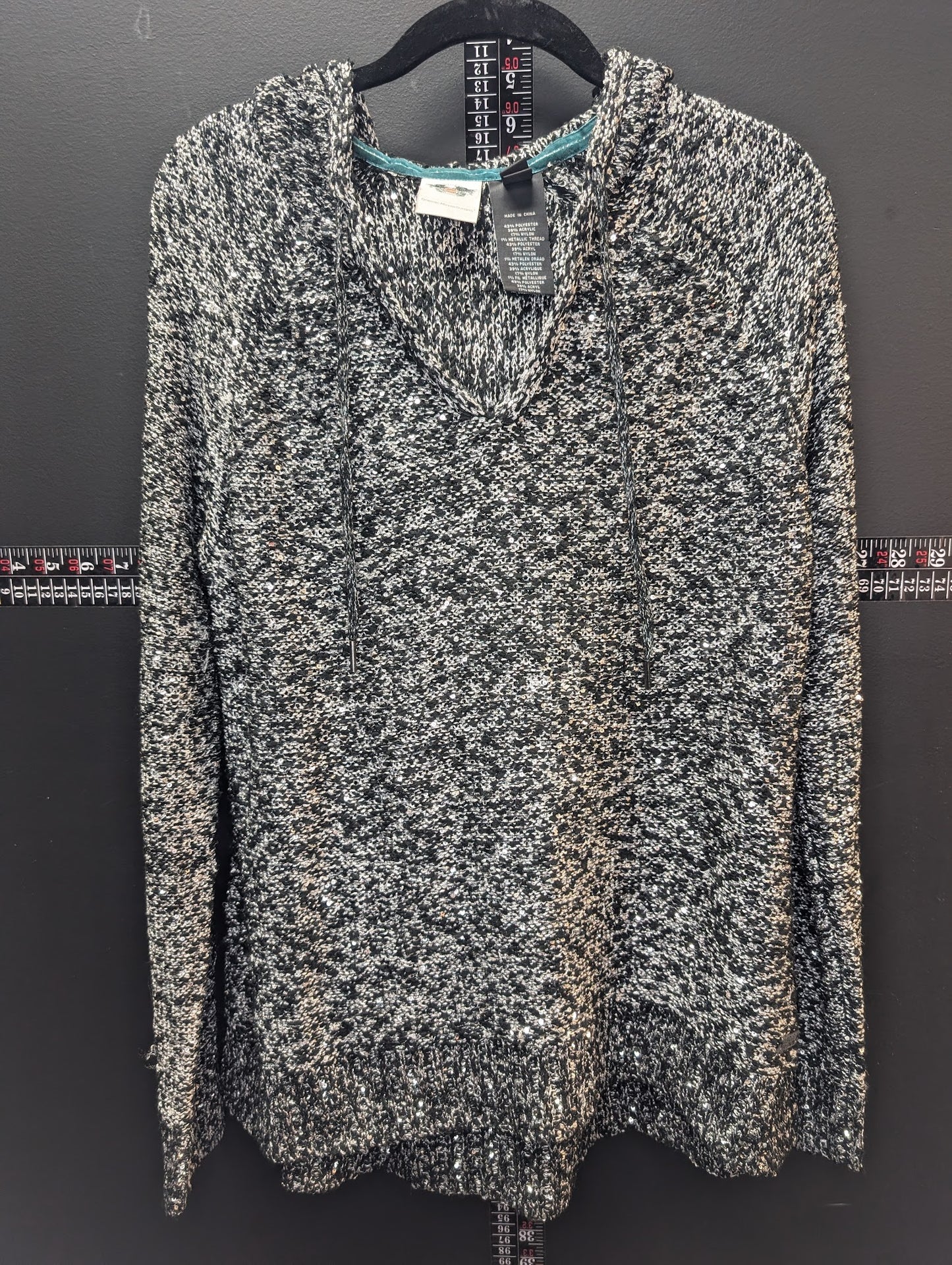 Harley-Davidson Metallic Knit Hoodie – Sequin Slub Pullover Sweater (M)