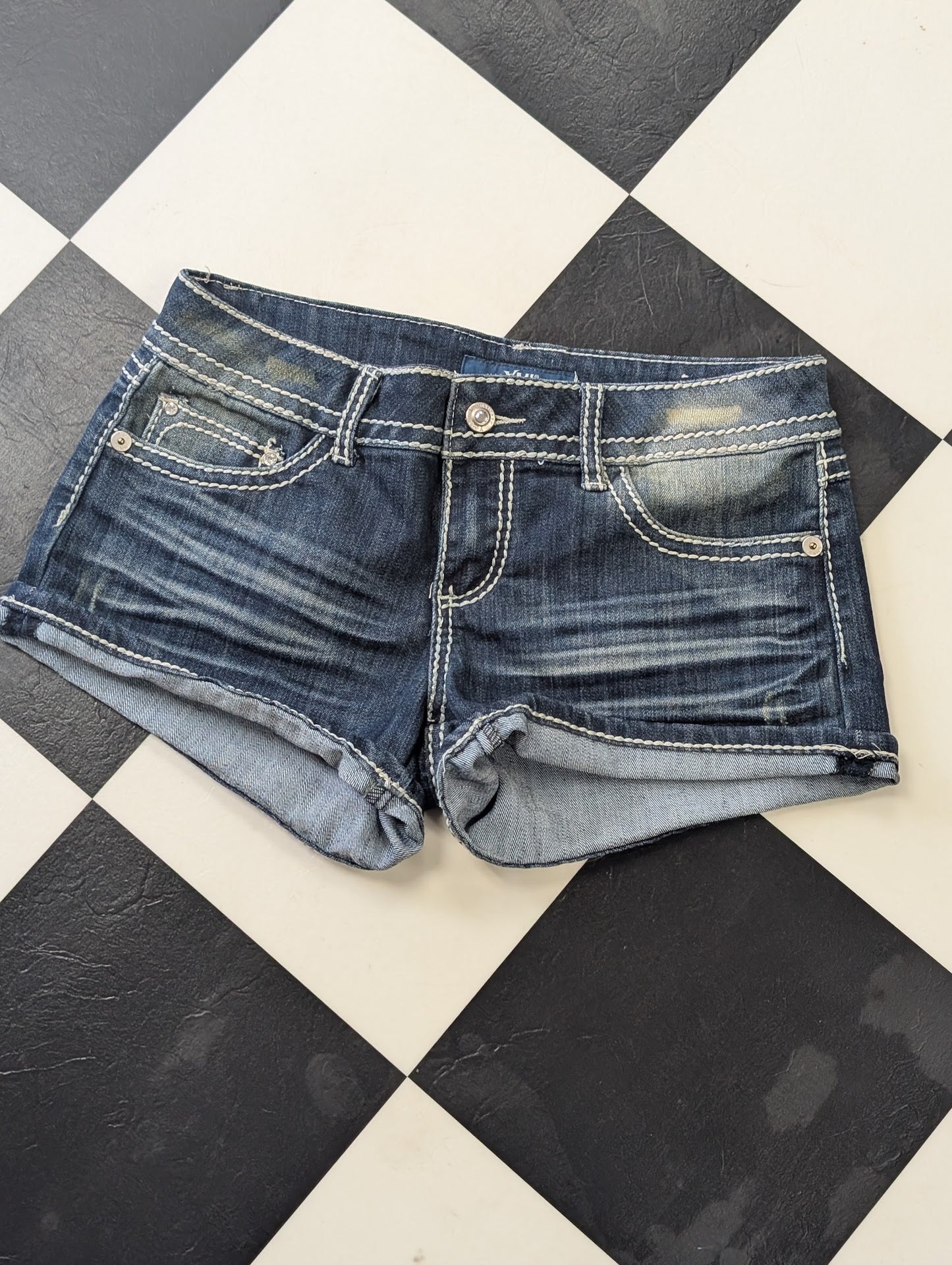 YMI Low Rise Denim Shorts – Dark Wash Stretch Cutoffs (Size 5)