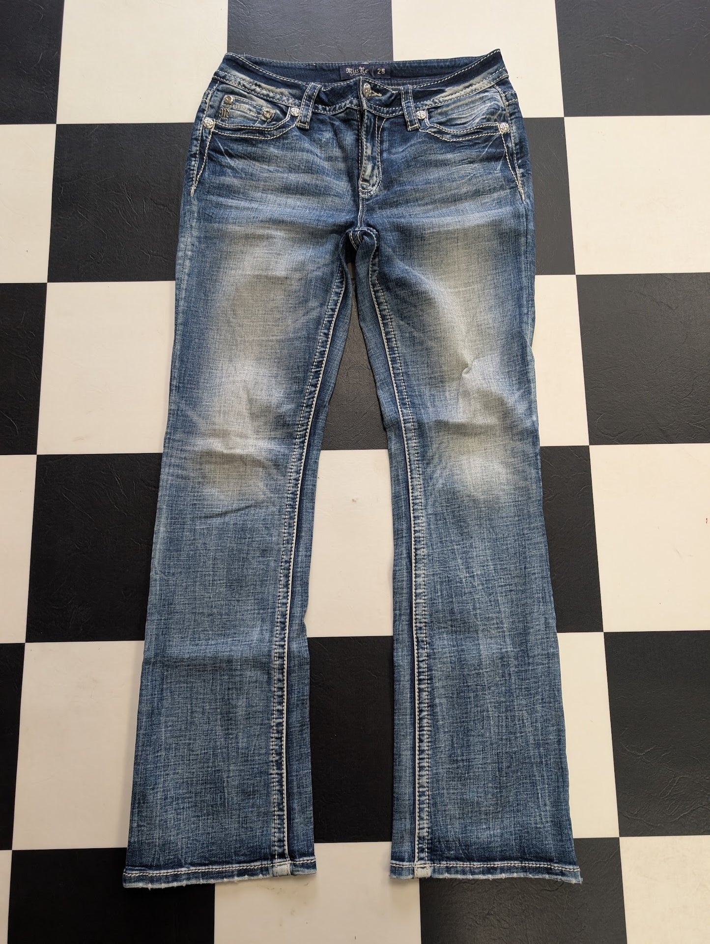 Miss Me Bootcut Jeans – Size 28, Embellished Back Pockets, Heavy Stitch