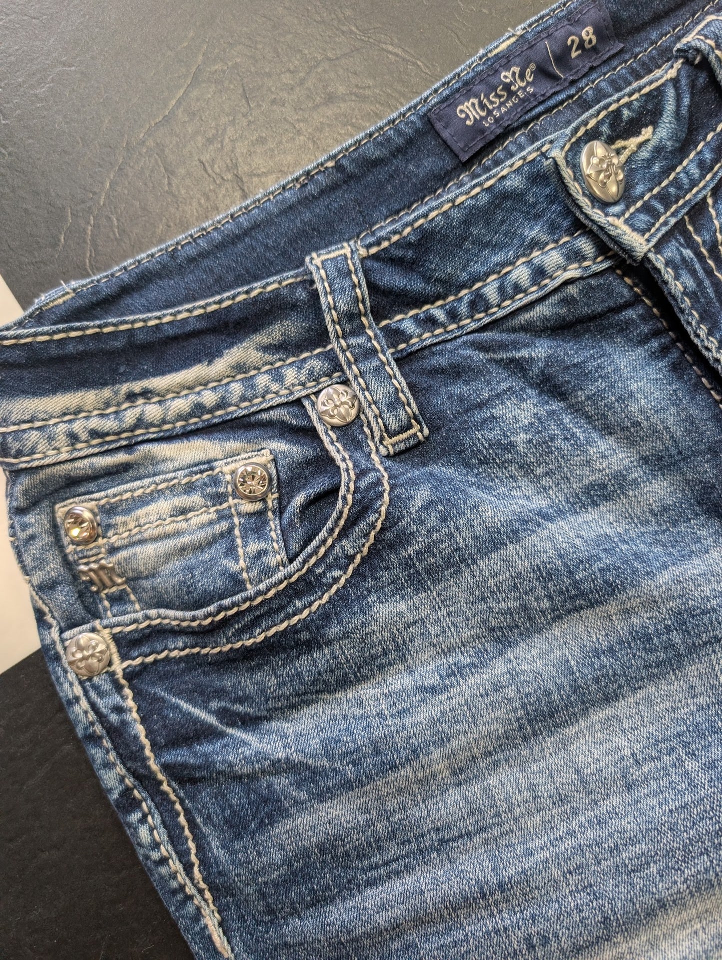 Miss Me Bootcut Jeans – Size 28, Embellished Back Pockets, Heavy Stitch
