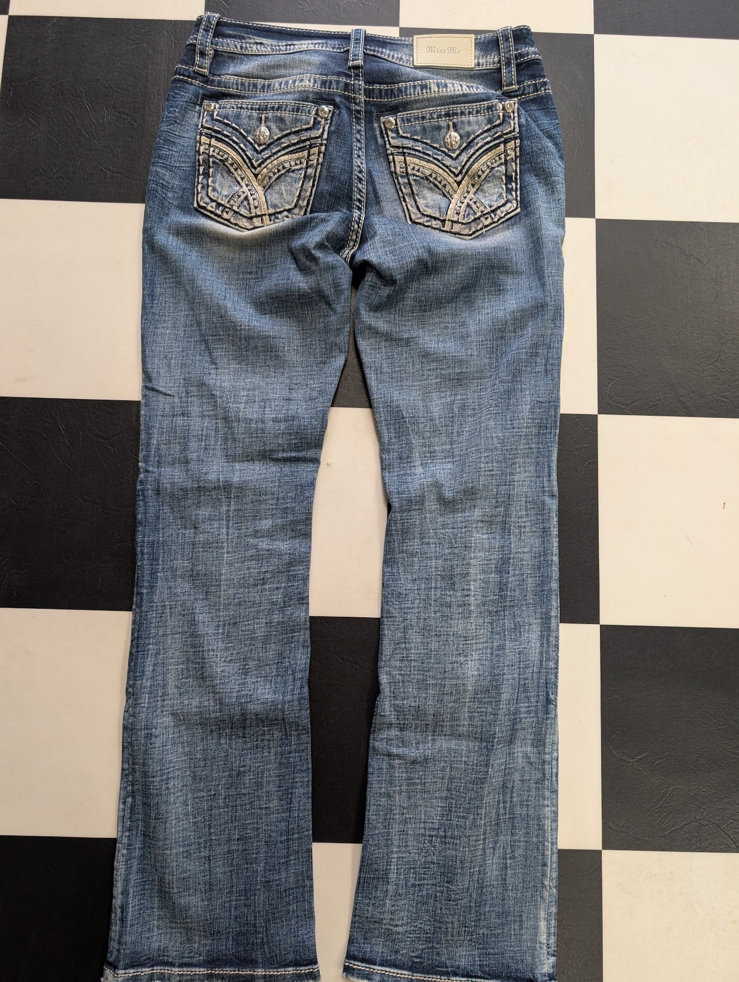 Miss Me Bootcut Jeans – Size 28, Embellished Back Pockets, Heavy Stitch