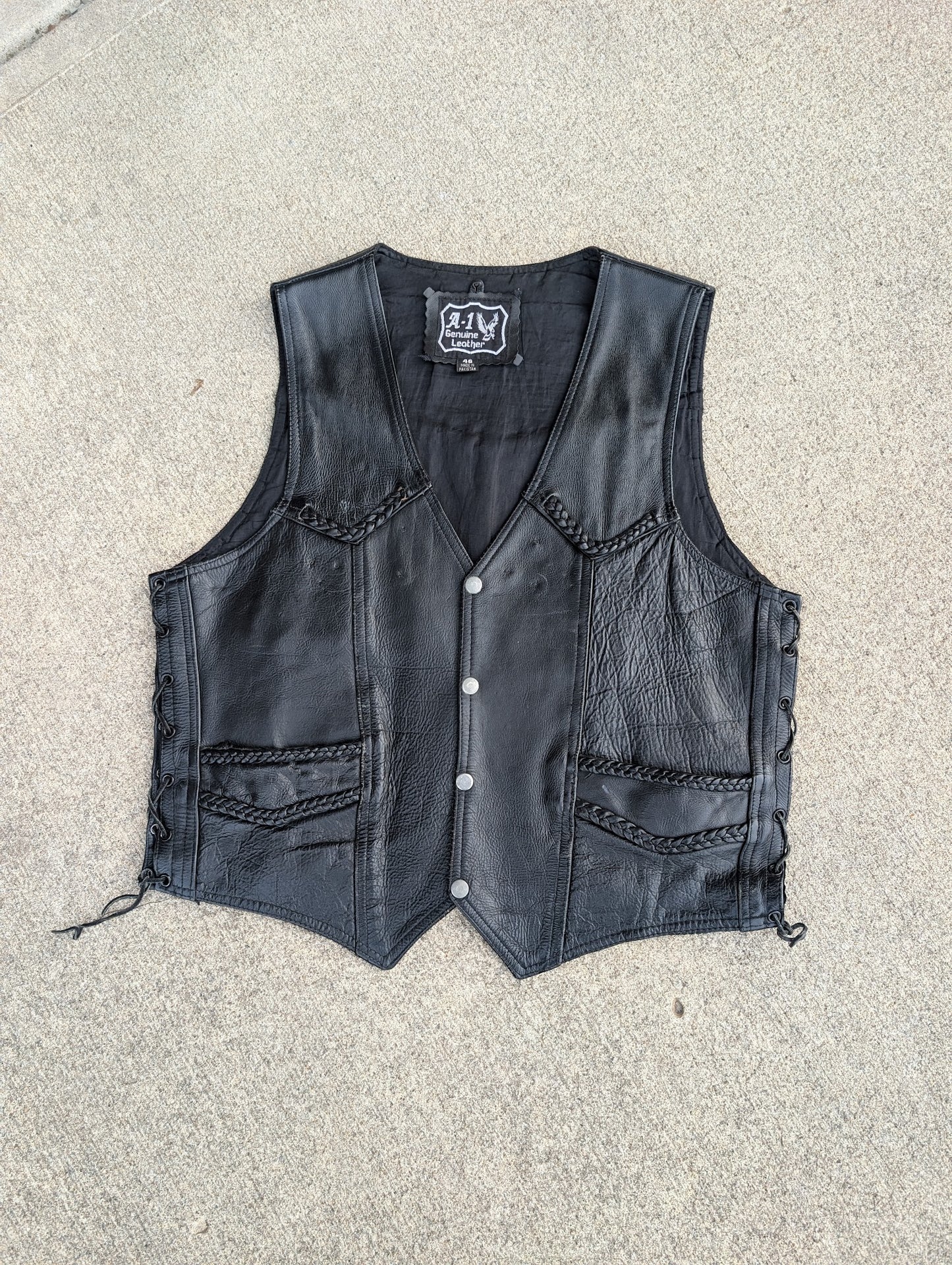 A-1 Genuine Leather Black Biker Vest – Size 46, Braided Trim, Lace Sides