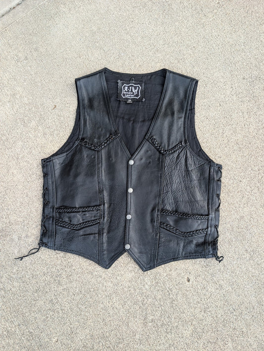 A-1 Genuine Leather Black Biker Vest – Size 46, Braided Trim, Lace Sides