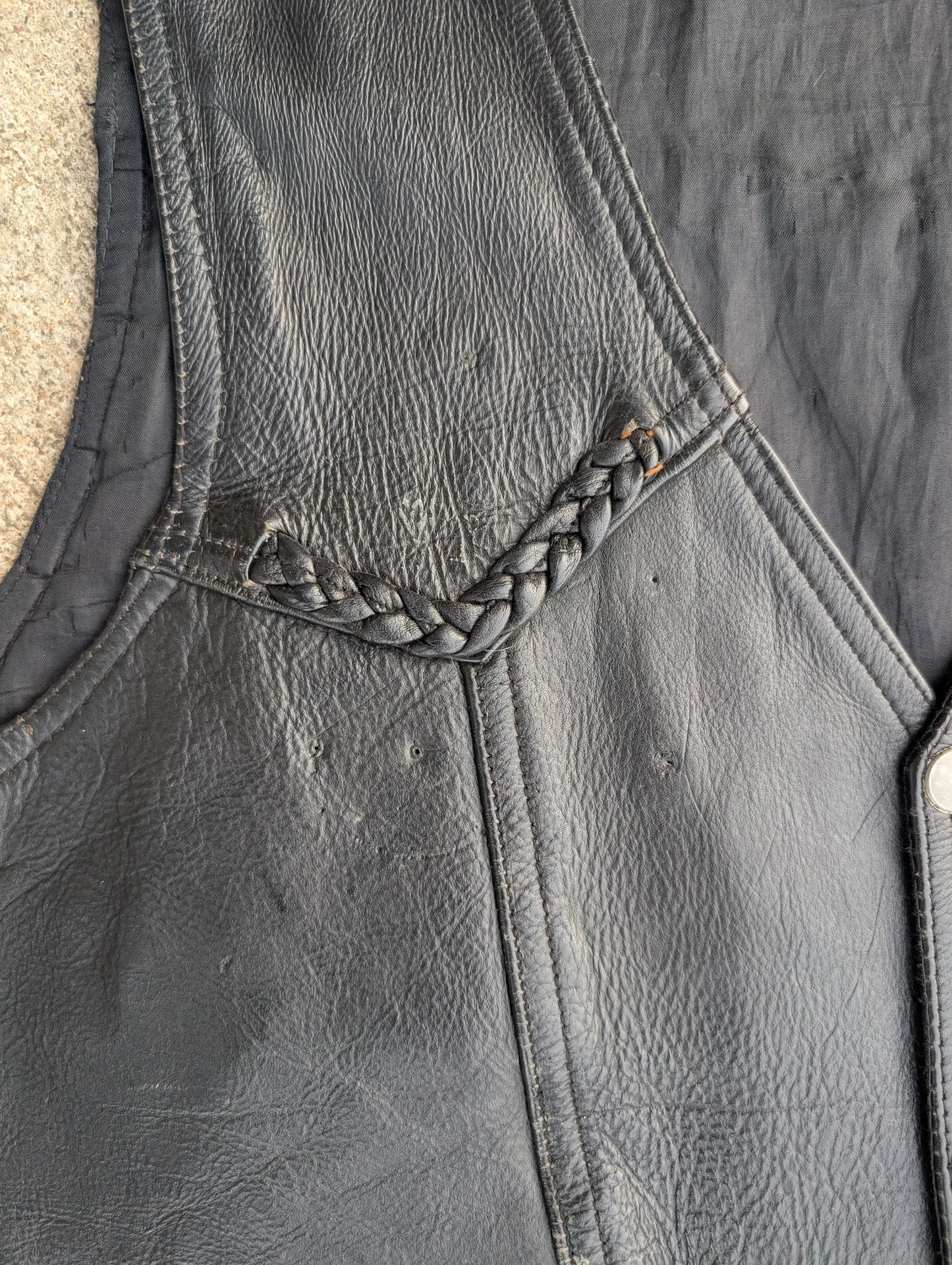 A-1 Genuine Leather Black Biker Vest – Size 46, Braided Trim, Lace Sides