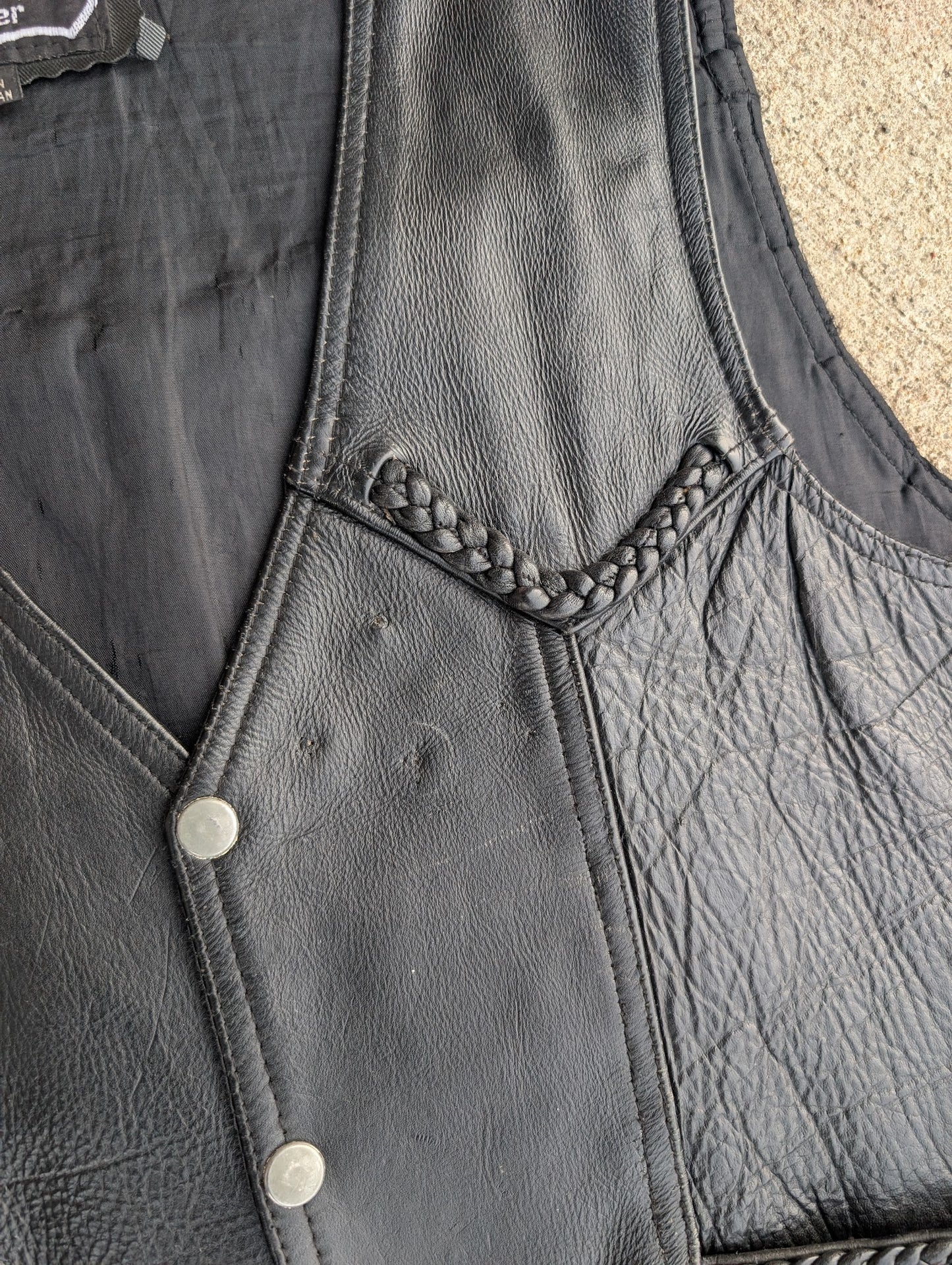 A-1 Genuine Leather Black Biker Vest – Size 46, Braided Trim, Lace Sides