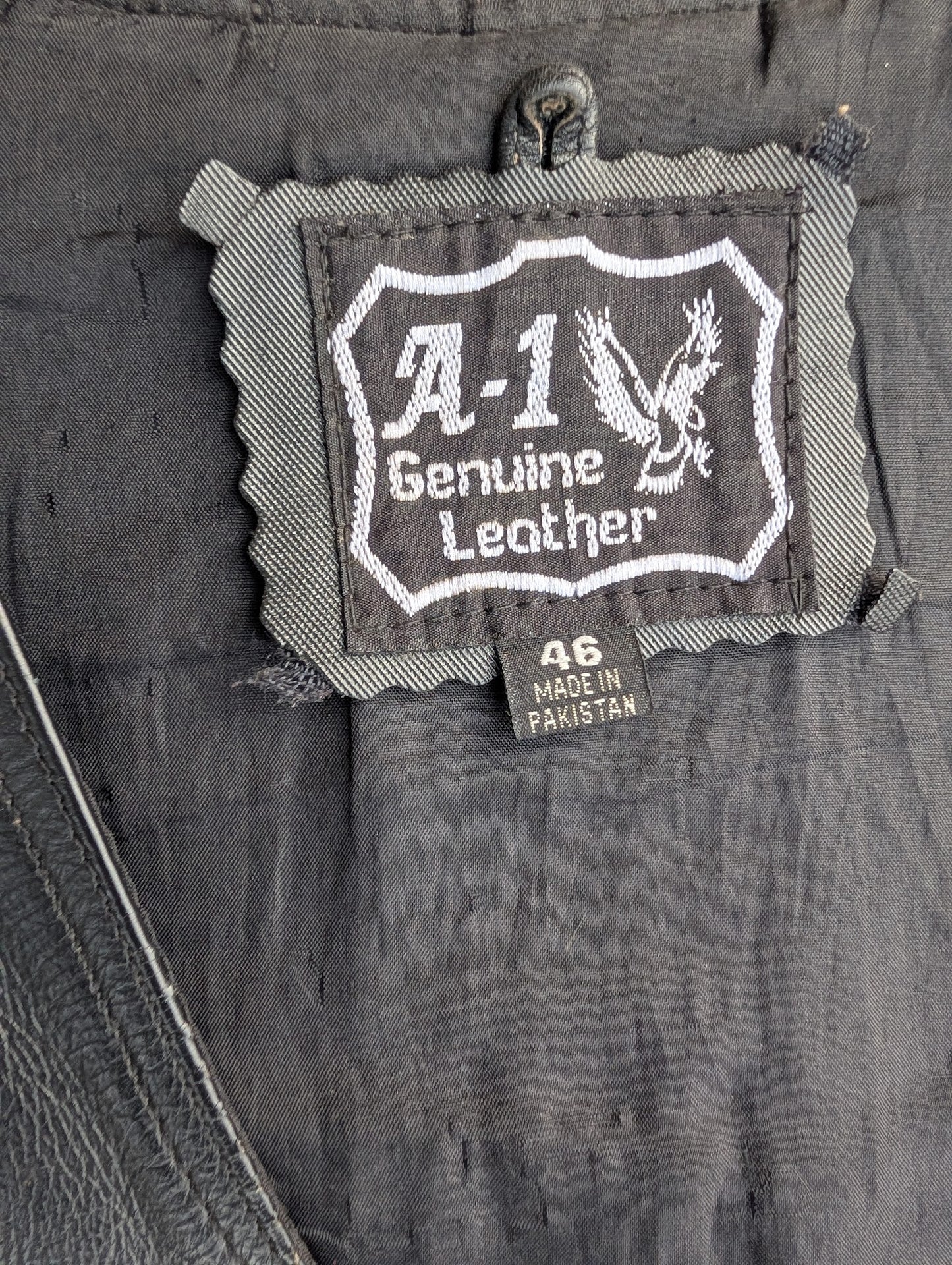 A-1 Genuine Leather Black Biker Vest – Size 46, Braided Trim, Lace Sides