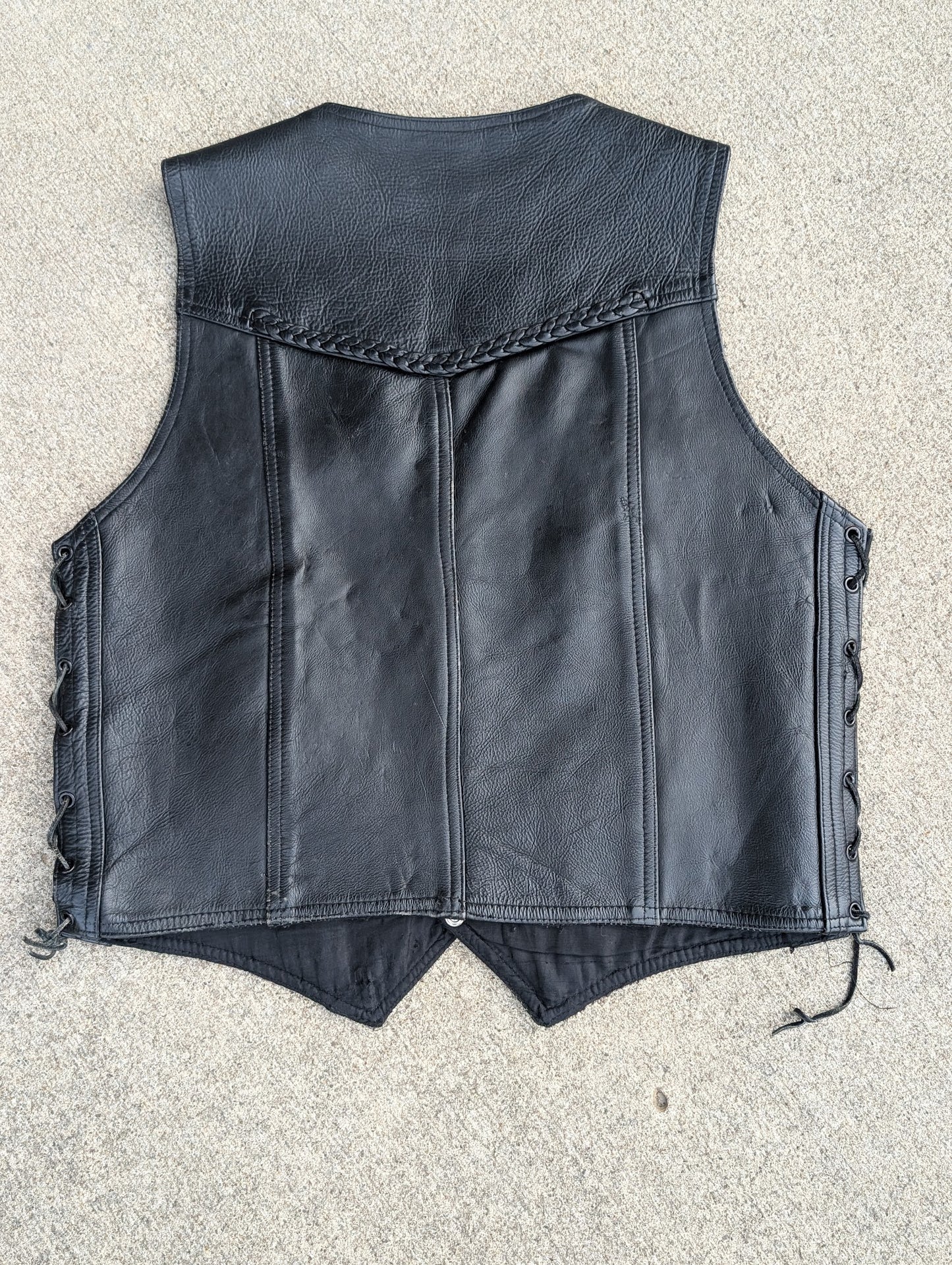 A-1 Genuine Leather Black Biker Vest – Size 46, Braided Trim, Lace Sides