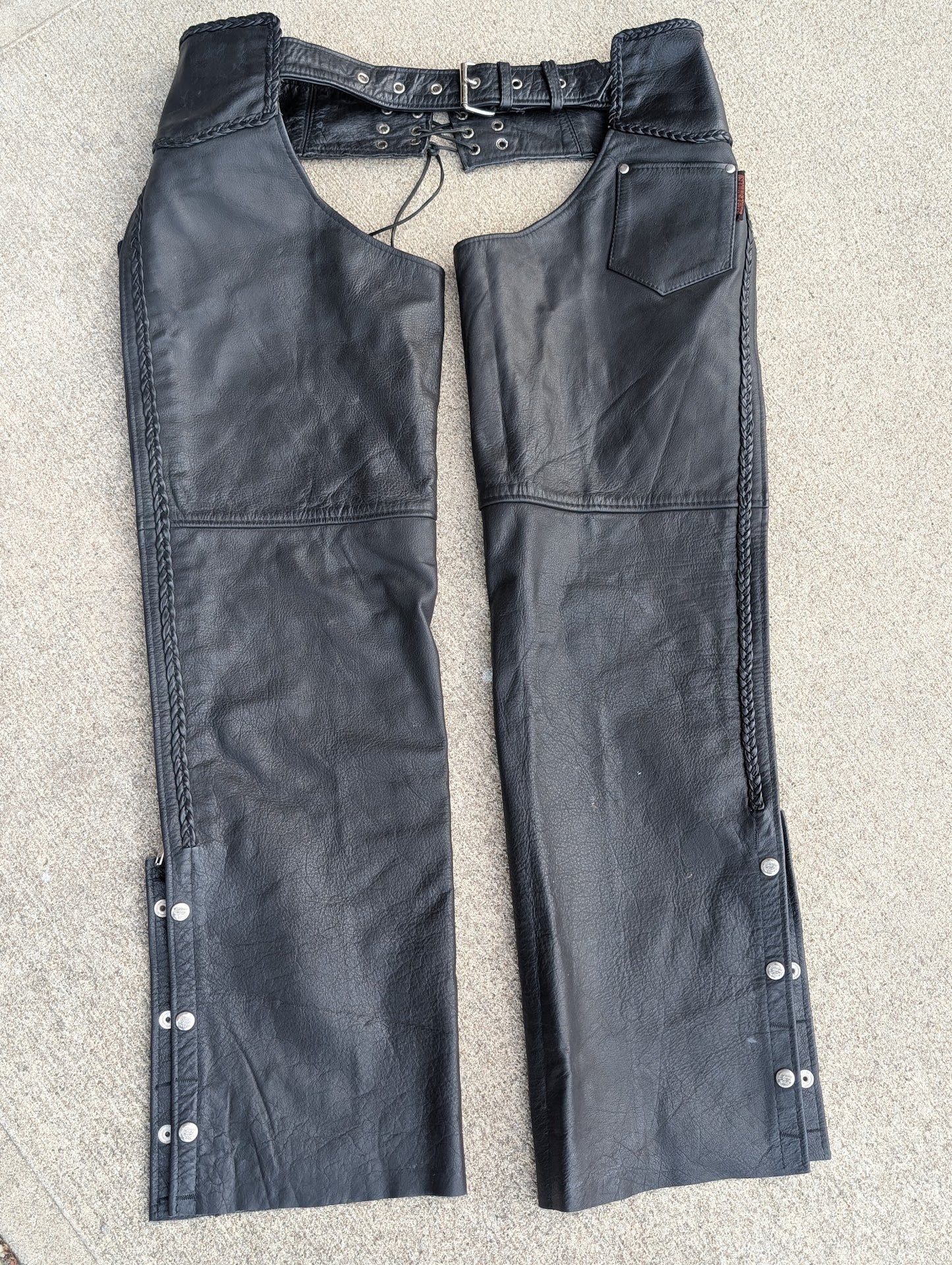 Interstate Leather Black Motorcycle Chaps – Braided Trim, Adjustable Belt