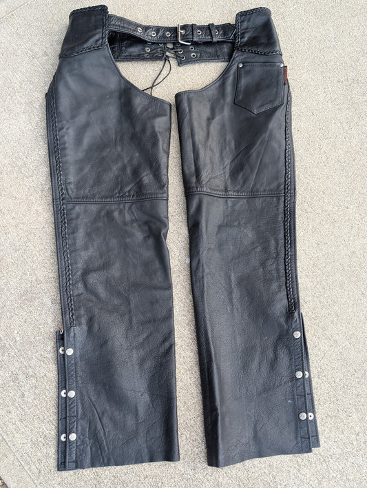 Interstate Leather Black Motorcycle Chaps – Braided Trim, Adjustable Belt