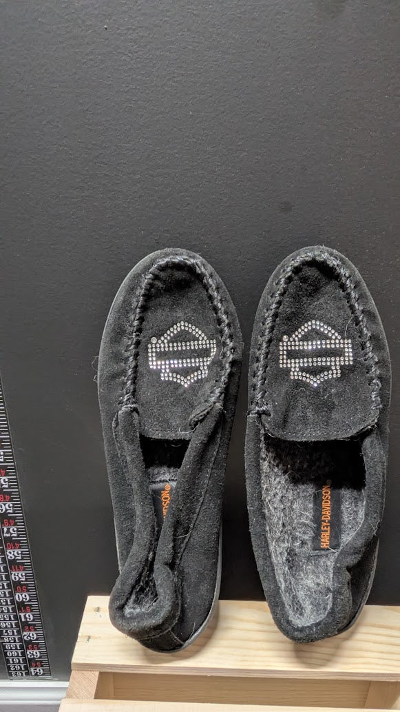 Harley-Davidson Women’s Black Moccasin Slippers with Rhinestone Logo
