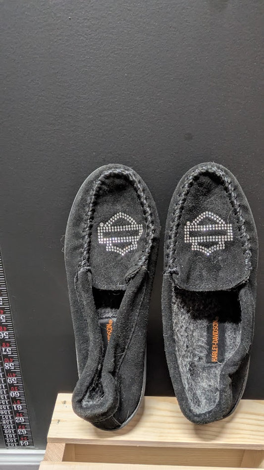 Harley-Davidson Women’s Black Moccasin Slippers with Rhinestone Logo