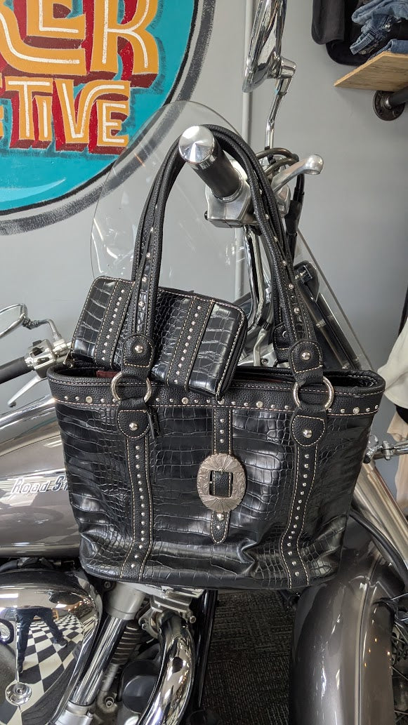 Black Croc Embossed Studded Tote Bag with Matching Wallet