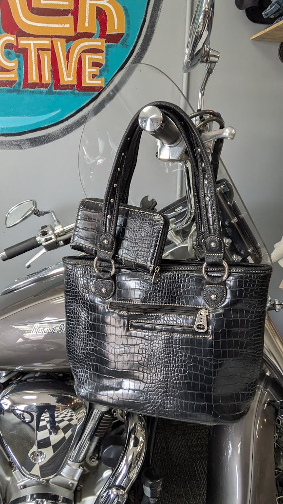 Black Croc Embossed Studded Tote Bag with Matching Wallet