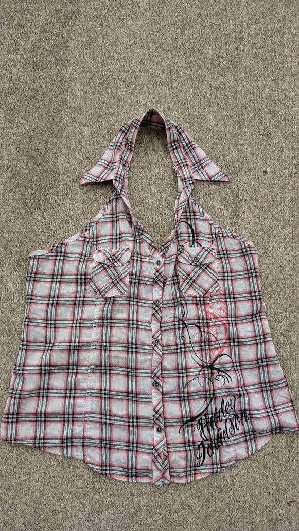 Harley-Davidson Women’s Plaid Halter Top Pink White Black Button Front