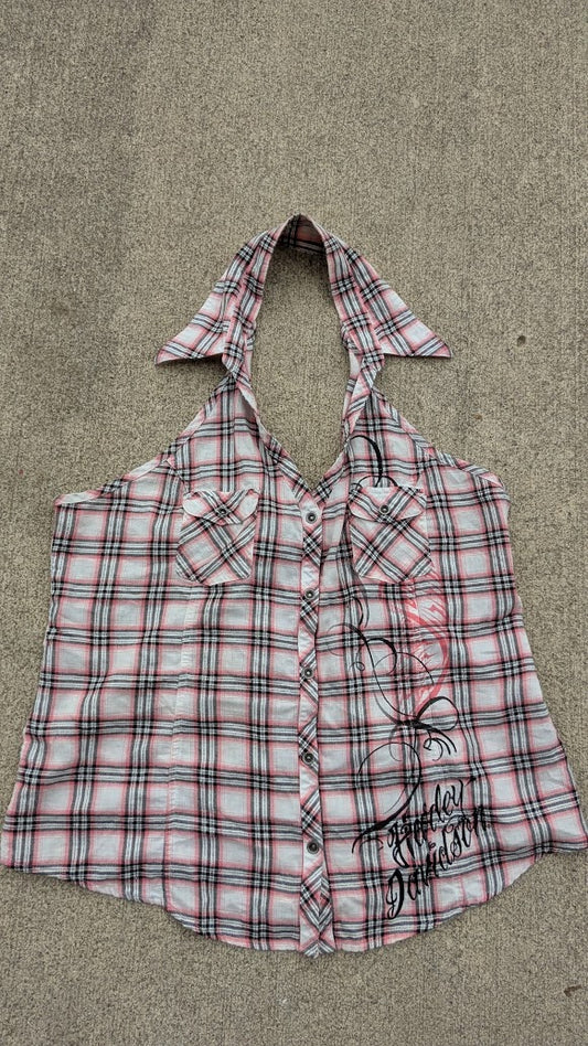 Harley-Davidson Women’s Plaid Halter Top Pink White Black Button Front