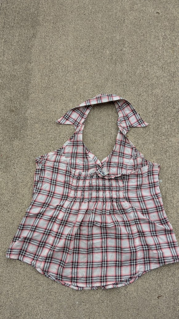 Harley-Davidson Women’s Plaid Halter Top Pink White Black Button Front