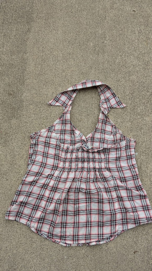 Harley-Davidson Women’s Plaid Halter Top Pink White Black Button Front
