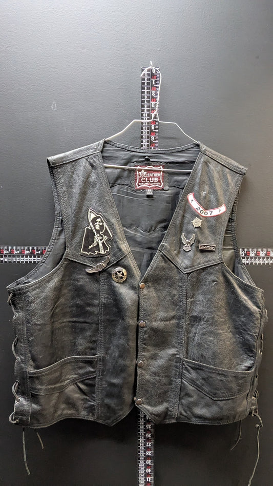 Leather Club Size 52 Black Leather Vest – Patched Biker Style w/ Pins & Back Graphic
