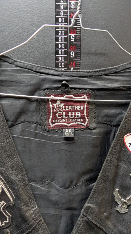 Leather Club Size 52 Black Leather Vest – Patched Biker Style w/ Pins & Back Graphic