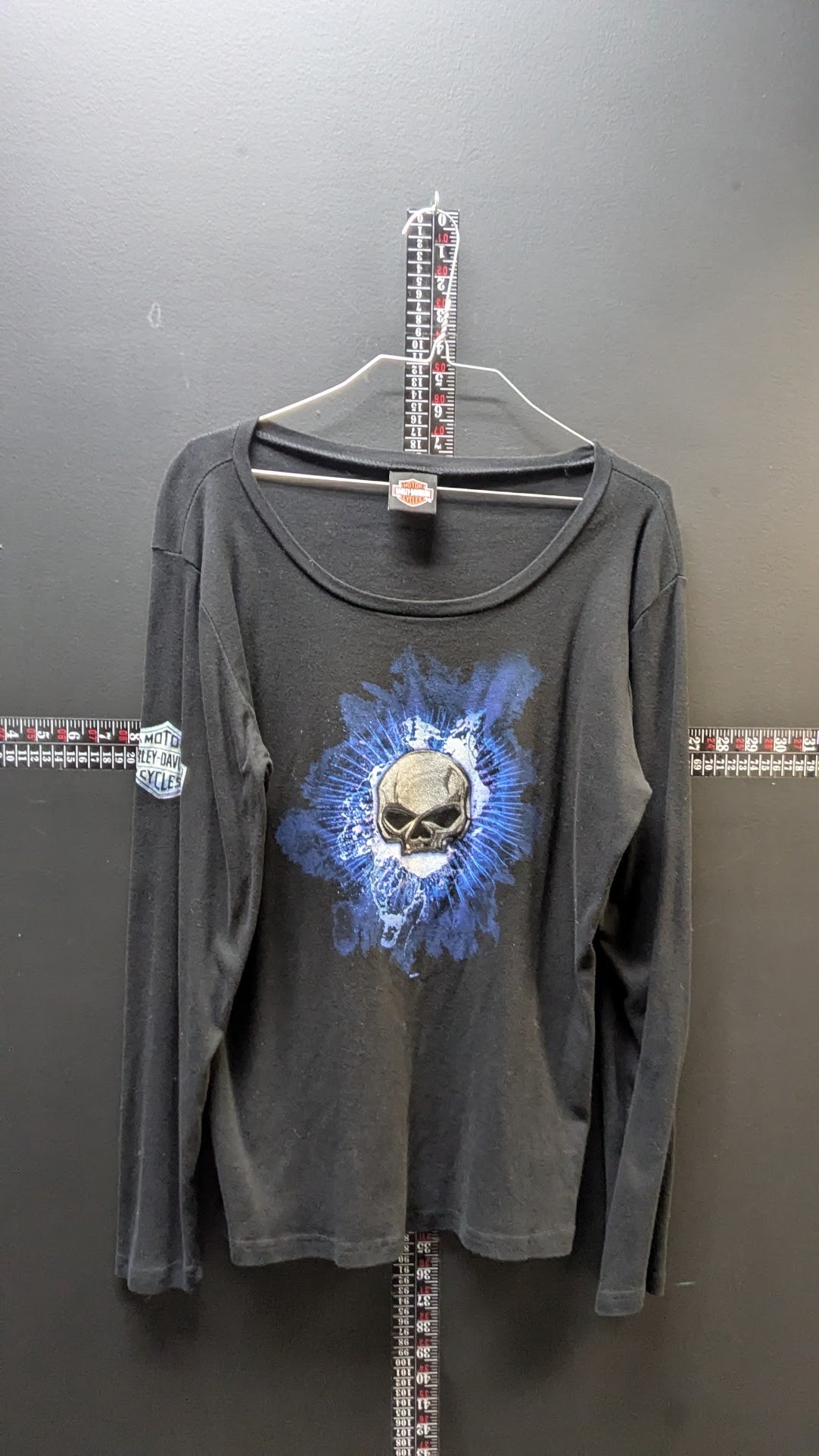 Harley-Davidson Women’s XL Black Long Sleeve Shirt – Blue Skull Indianapolis Graphic