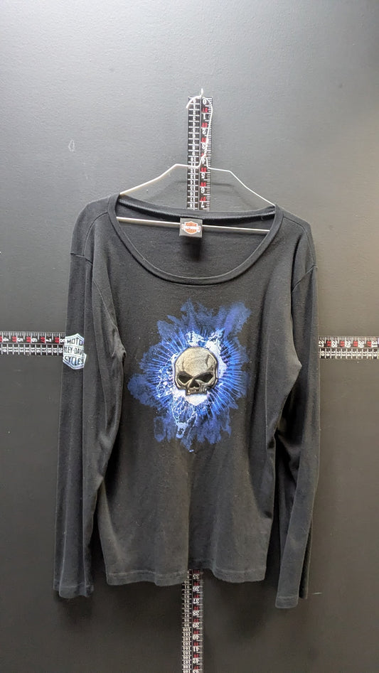 Harley-Davidson Women’s XL Black Long Sleeve Shirt – Blue Skull Indianapolis Graphic