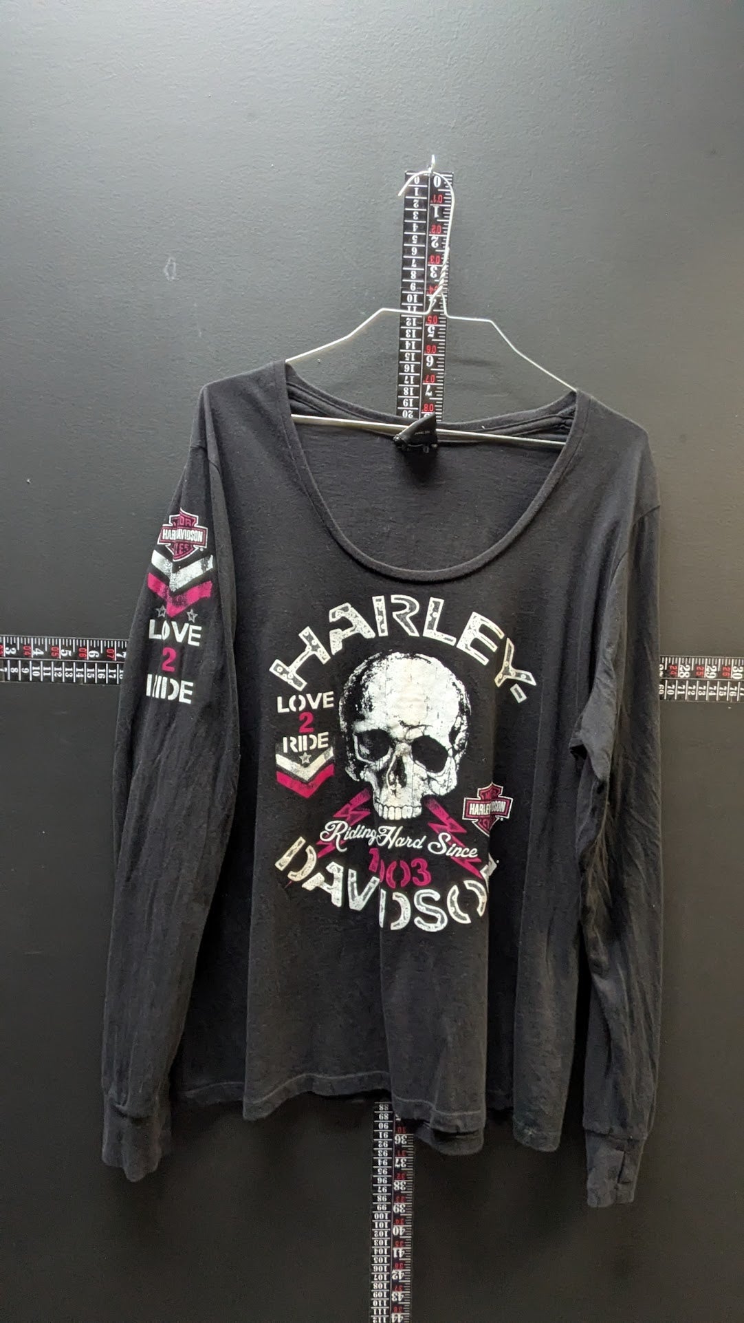 Harley-Davidson Women’s Long Sleeve Black Shirt – Skull “Love 2 Ride” Sturgis MI Graphic