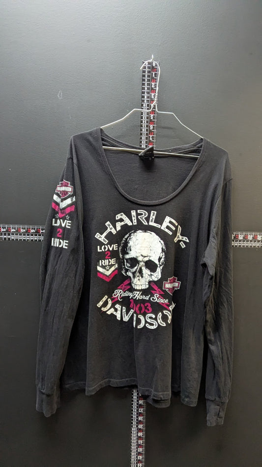 Harley-Davidson Women’s Long Sleeve Black Shirt – Skull “Love 2 Ride” Sturgis MI Graphic