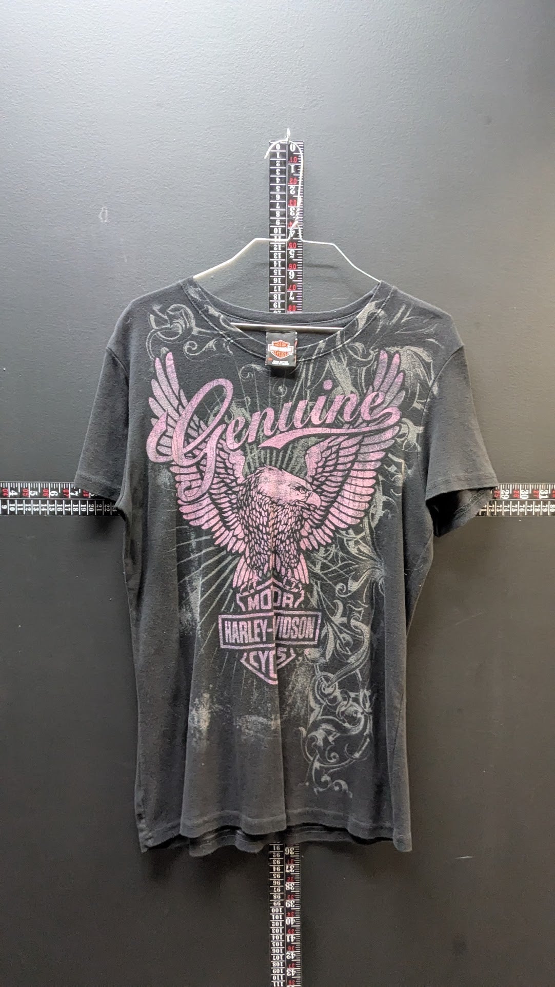 Harley-Davidson Women’s Black Tee – Pink “Genuine” Eagle Graphic | River City Fort Wayne IN