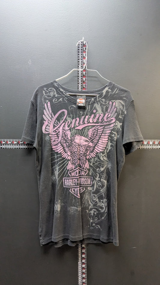 Harley-Davidson Women’s Black Tee – Pink “Genuine” Eagle Graphic | River City Fort Wayne IN