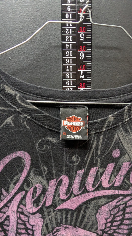 Harley-Davidson Women’s Black Tee – Pink “Genuine” Eagle Graphic | River City Fort Wayne IN