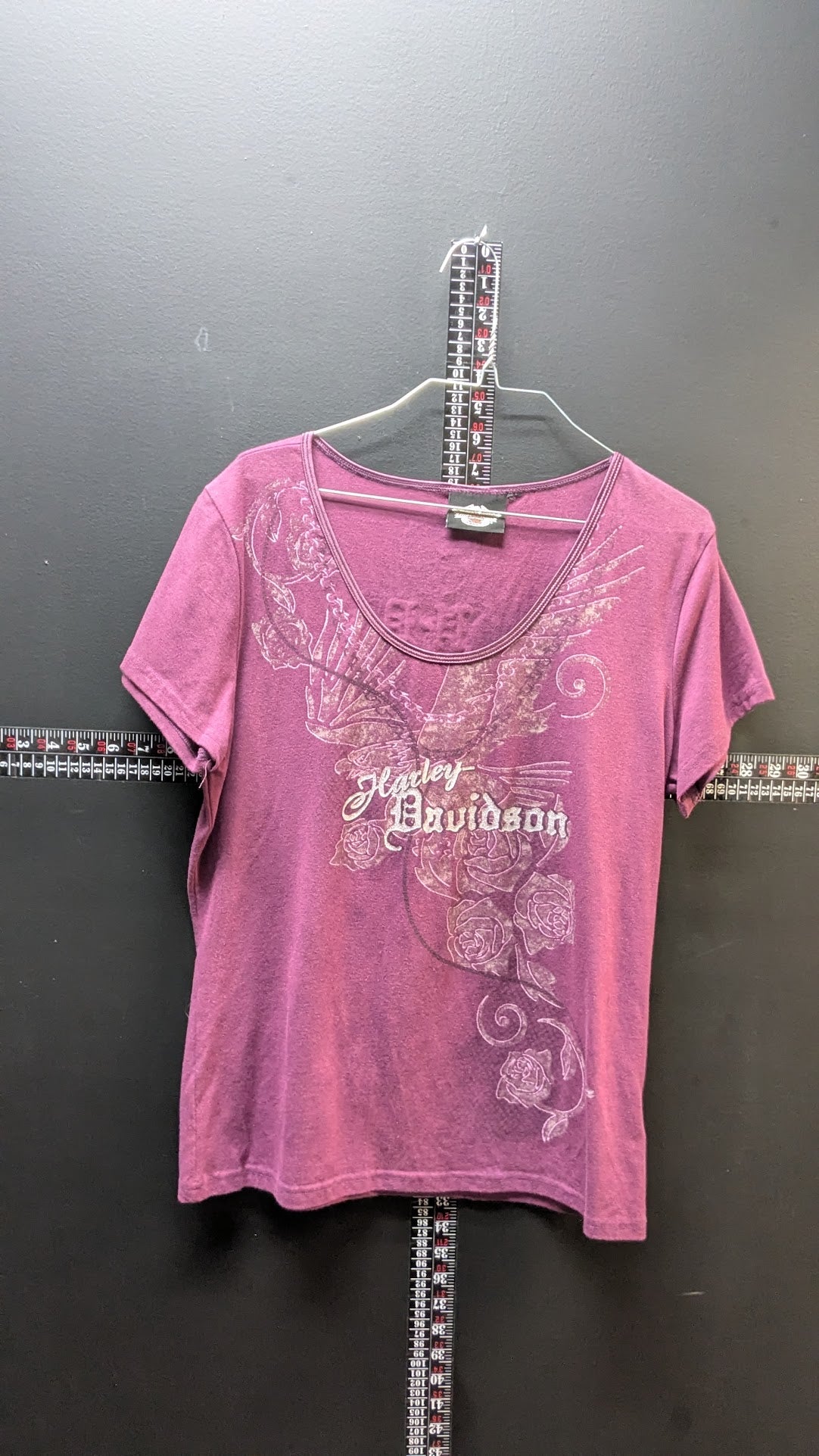 Harley-Davidson Women’s Purple Scoop Neck Tee – Eagle & Rose Graphic