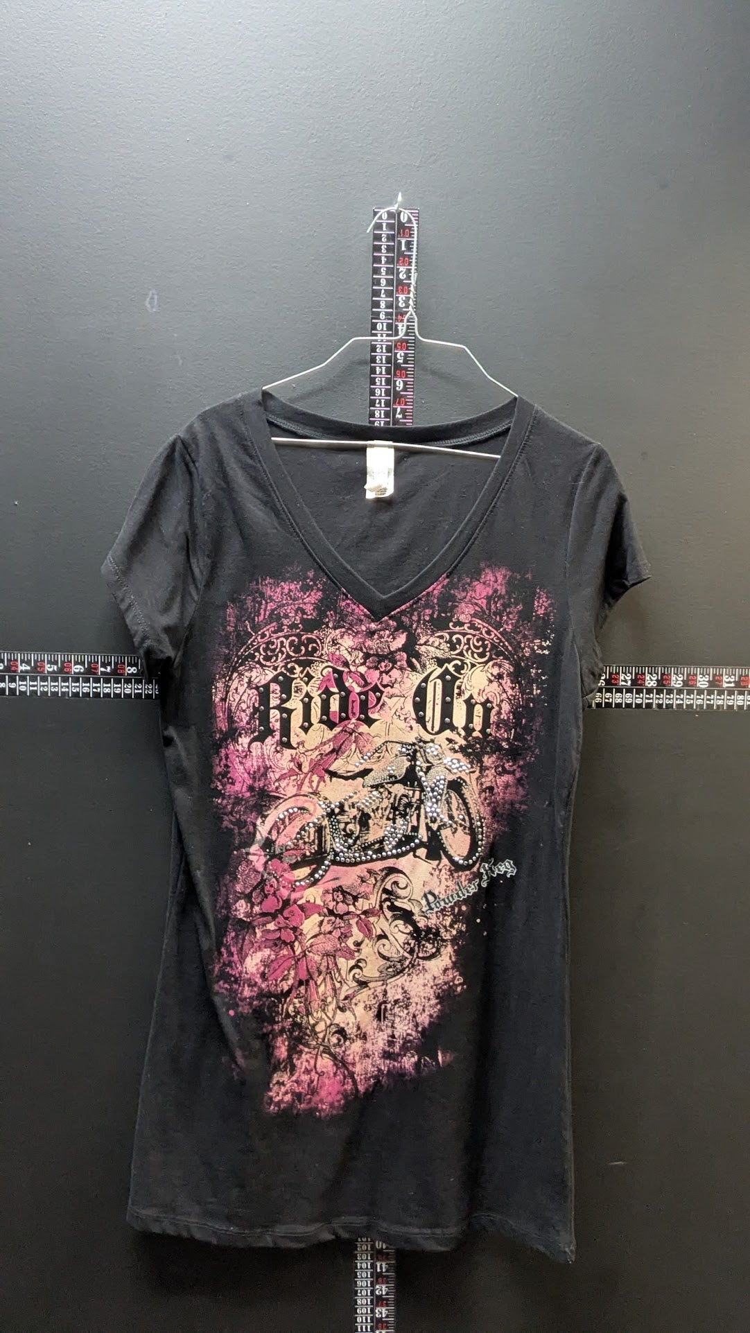 Ride On Embellished Biker Tee – Black & Pink Graphic (XL)