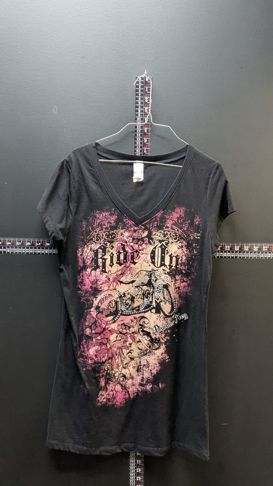 Ride On Embellished Biker Tee – Black & Pink Graphic (XL)