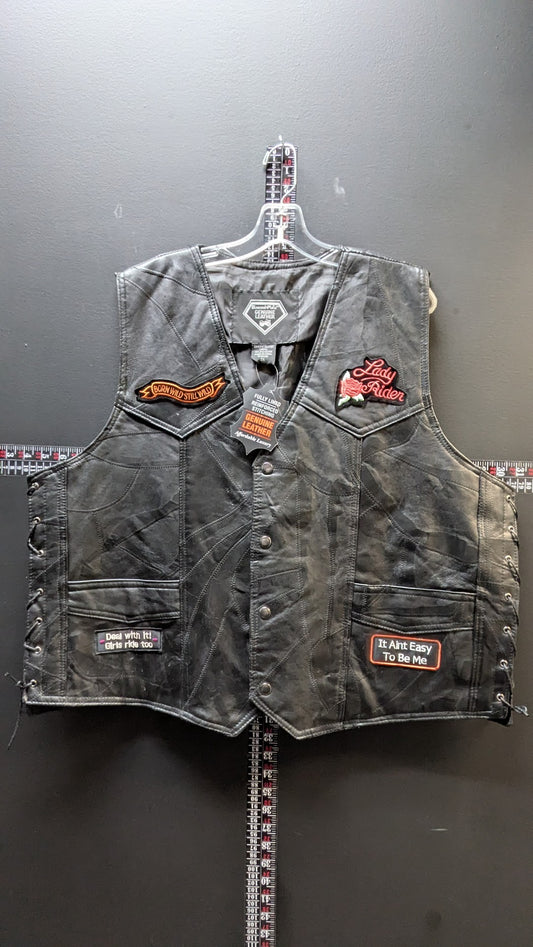 Genuine Leather Women’s Biker Vest – Patched “Lady Rider” Custom Style (2XL)