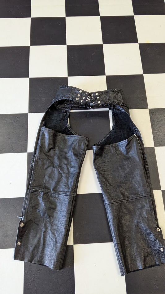 Leather Motorcycle Chaps – Size Medium – Classic Braided Trim