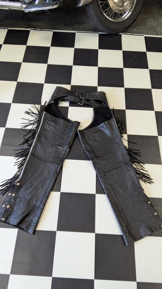 Fringed Leather Motorcycle Chaps – MOB – Size M – Braided Trim