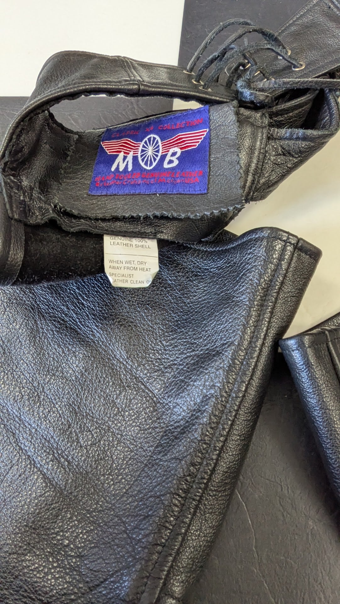 Fringed Leather Motorcycle Chaps – MOB – Size M – Braided Trim