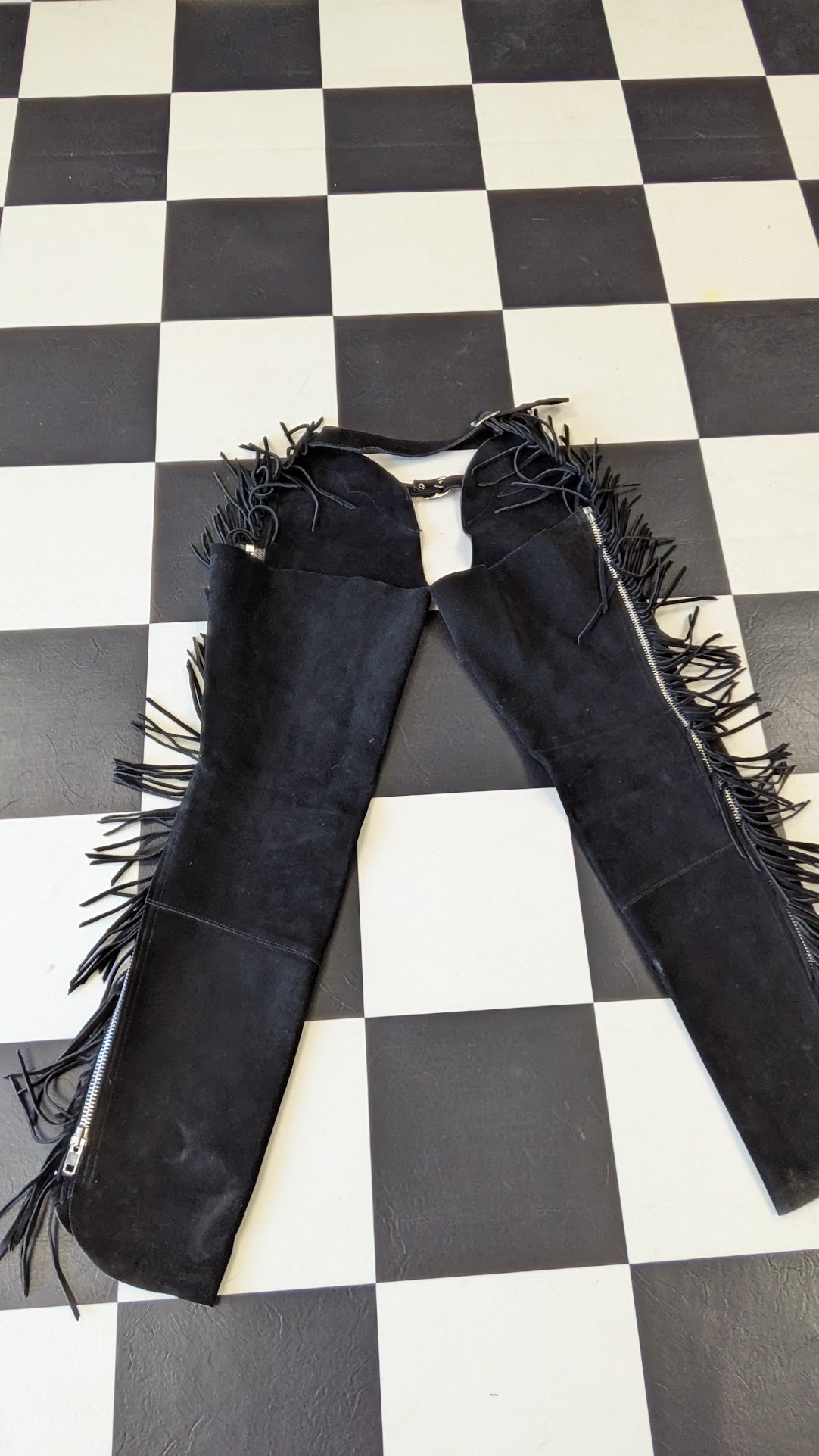 Fringed Suede Leather Motorcycle Chaps – Born to Ride – Size XS