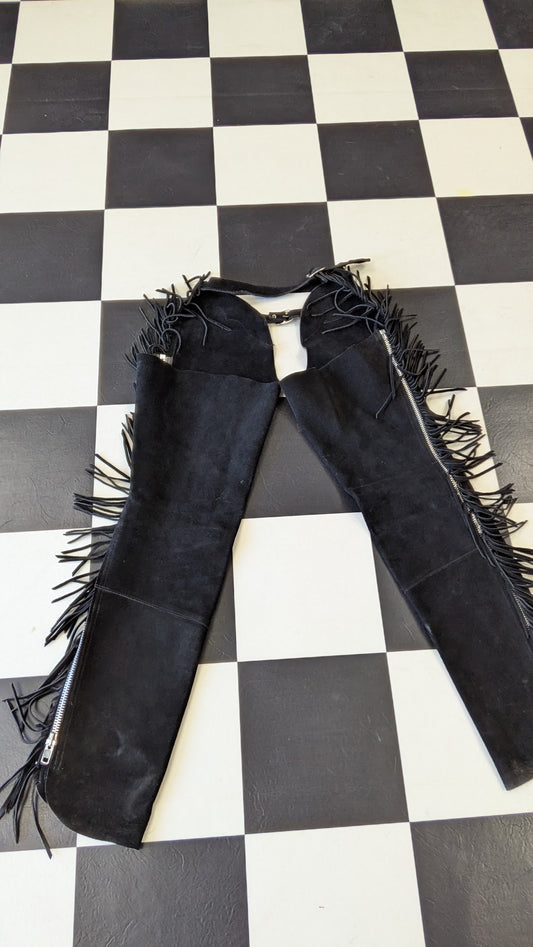 Fringed Suede Leather Motorcycle Chaps – Born to Ride – Size XS