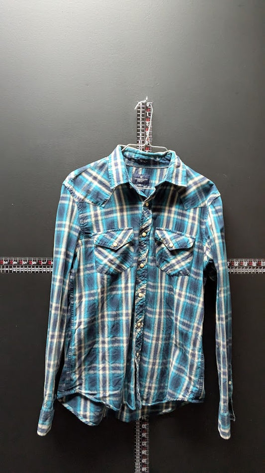 American Eagle Plaid Button-Up – Teal/Blue – Small (Vintage Fit)