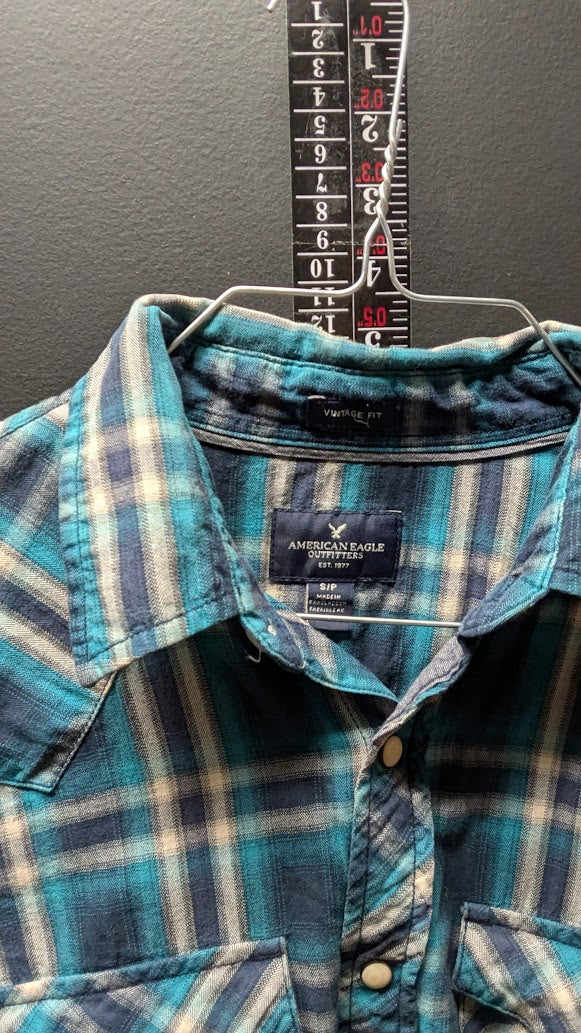 American Eagle Plaid Button-Up – Teal/Blue – Small (Vintage Fit)
