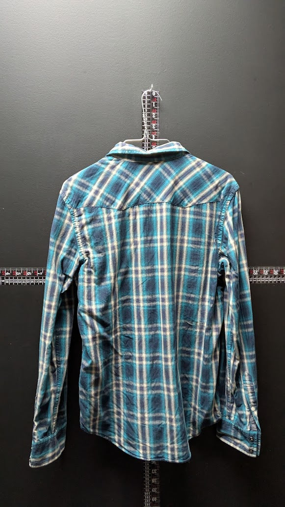 American Eagle Plaid Button-Up – Teal/Blue – Small (Vintage Fit)