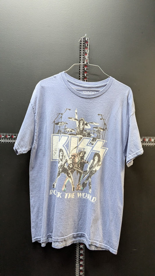 KISS Rock The World Graphic Band Tee – Blue Vintage Style – Size Medium