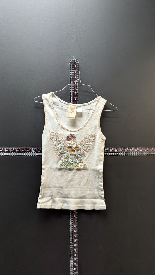 Vintage Lulumari White Ribbed Tank Top - Beaded & Embroidered Winged Skull Floral Graphic - Y2K Boho Rockstar
